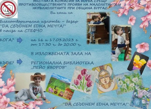 Благотворителен изложба-базар в полза на Стефчо ще проведе на 16 и 17 март в Регионална библиотека Пейо Яворов